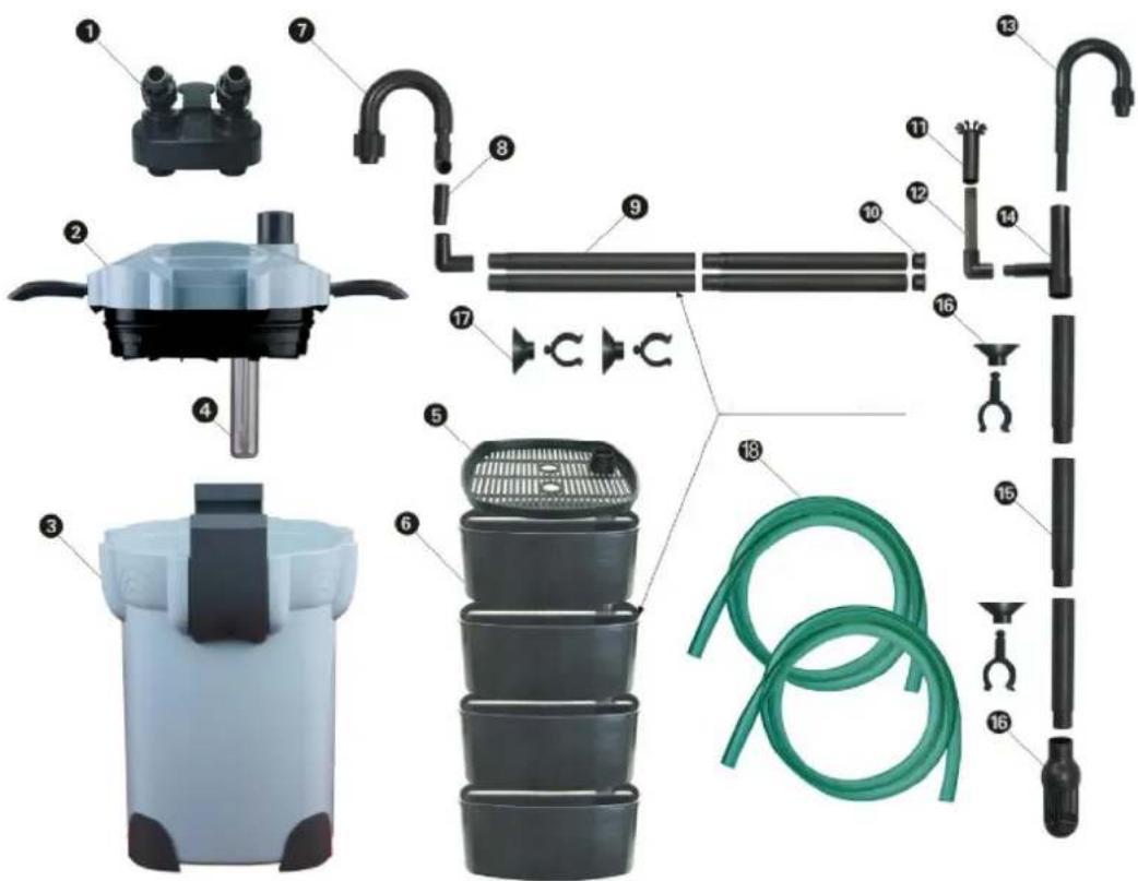 Exploded view diagram of a water purifier system with numbered components and labeled parts