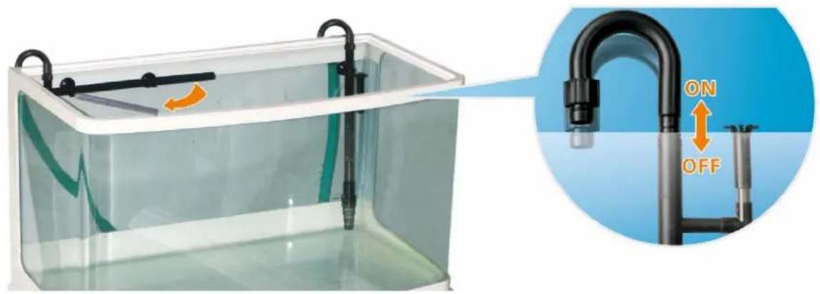 Diagram showing a transparent container with internal tubing and an inset close-up of a pipe valve with 'ON' and 'OFF' labels.