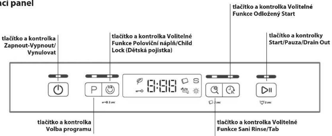 tlačitko a kontrolka Volitelné Funkce Odložený Start tlačitko a kontrolka Volitelné Funkce Poloviční náplň/Child Lock (Dětská pojistka) tlačitko a kontrolky Start/Pauza/Drain Out tlačitko a kontrolka Volitelné Funkce Sani Rinse/Tab