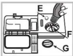 Diagram of a refrigerator interior with labeled parts E, F, G and a handle pointing to the refrigerator.