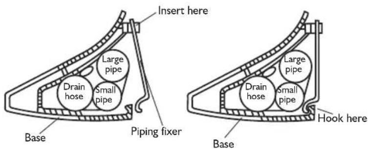 Insert here Large pipe Drain hose Small pipe Piping fixer Base Hook here Base Drain hose Small pipe Large pipe