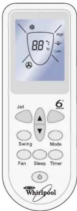 88 °C hr High = Low Jet 6th sense Swing Mode Fan Sleep Timer Whirlpool