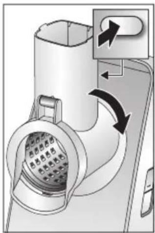 Diagram of a kitchen appliance with directional arrows indicating rotation or movement, showing internal components and labels.