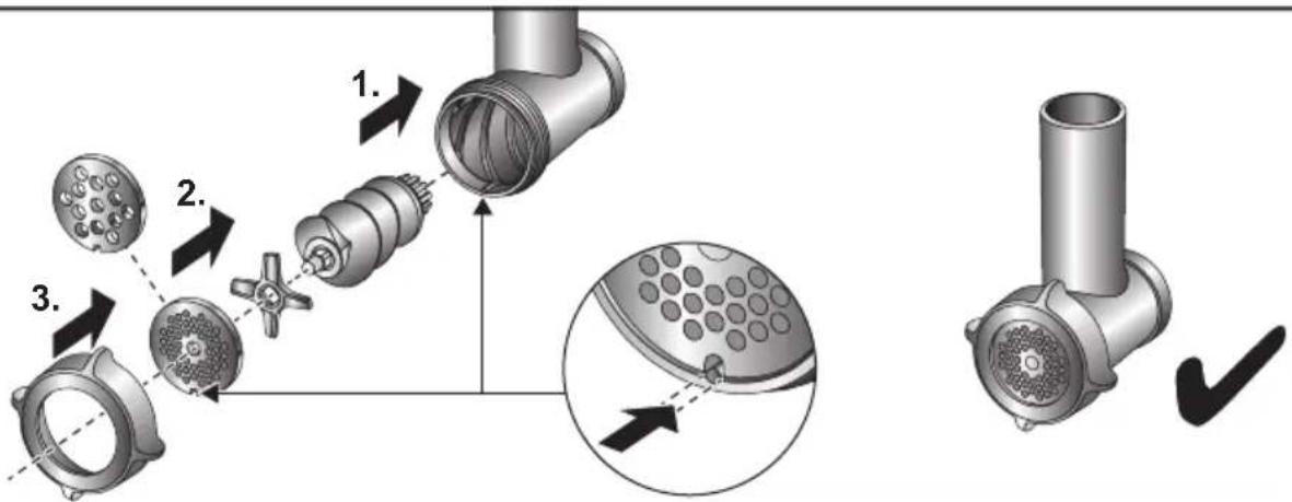 Technical diagram illustrating the assembly of a mechanical component with numbered parts and directional arrows indicating process flow.