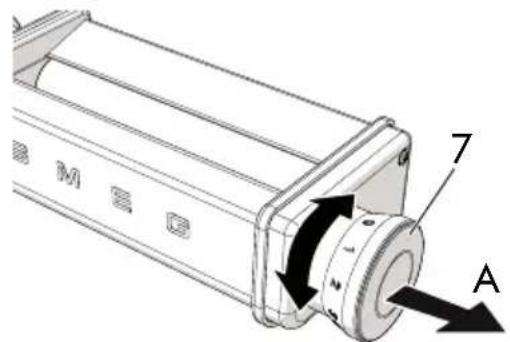 Technical diagram of a mechanical component with labeled parts and directional arrows indicating motion or assembly.