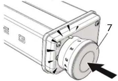 Technical diagram of a mechanical component with numbered parts and directional arrows indicating motion or assembly.