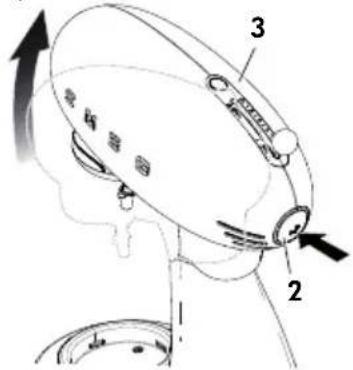 Technical diagram of a human head with labeled parts and directional arrows indicating motion or movement.