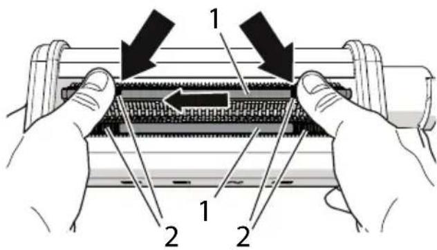 Diagram illustrating mechanical assembly with labeled parts and directional arrows indicating movement or force