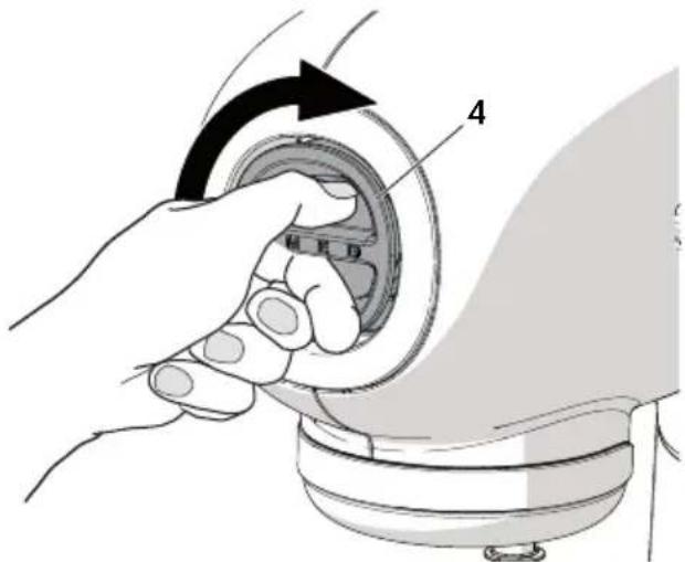 Medical illustration showing a hand holding a device with labeled parts and an arrow indicating rotation or adjustment.
