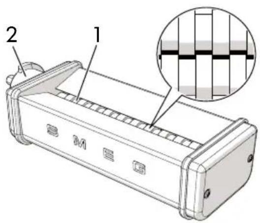 Technical diagram of a device with labeled parts and an inset showing a grid pattern detail