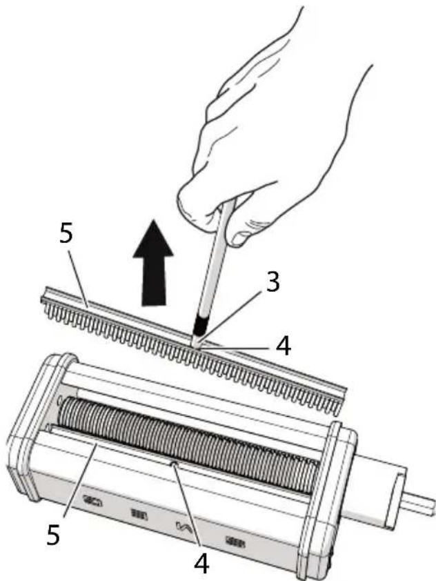Diagram illustrating a mechanical assembly with numbered components and an upward arrow indicating motion or direction.
