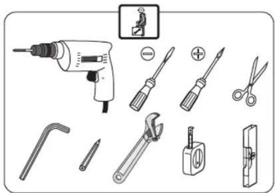 Diagram showing various types of electrical tools including a drill, screwdriver, wrench, and switch components with labeled icons.