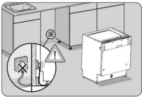 Diagram showing a kitchen appliance with an electrical outlet, warning sign, and warning symbol, alongside a photo of the appliance next to a washing machine.