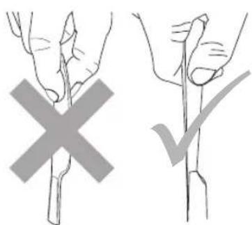Diagram showing two hand positions with a cross and checkmark, likely illustrating a manual or mechanical procedure.