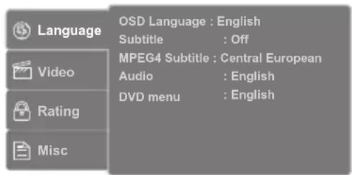 Language OSD Language: English Subtitle: Off MPEG4 Subtitle: Central European Audio: English DVD menu: English Video Rating Misc