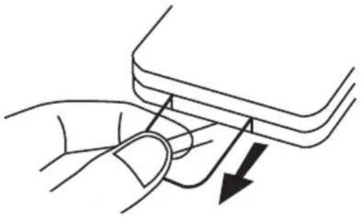 Line drawing of a finger pressing down on a curved object with an arrow indicating force (no text or symbols)