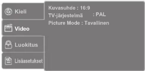 Kieli Kuvasuhde : 16:9 TV-järjestelmä : PAL Picture Mode : Tavallinen Video Luokitus Lisäasetukset