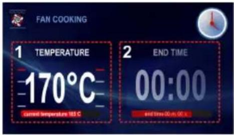 FAN COOKING 1 TEMPERATURE 170°C current temperature 185 C 2 END TIME 00:00 and time 00 min 00 s