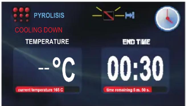 PYROLISIS COOLING DOWN TEMPERATURE --°C current temperature 165 C END TIME 00:30 time remaining 5 m. 50 s.
