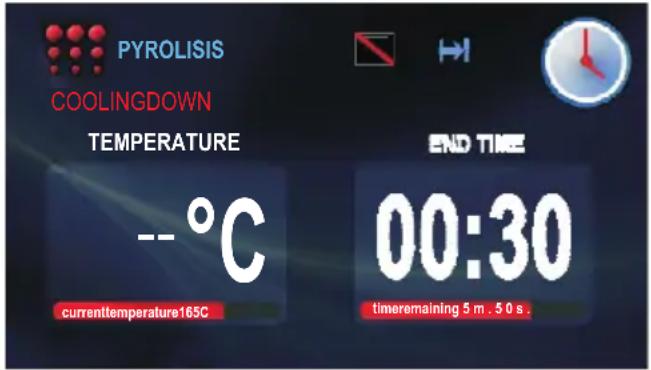 PYROLISIS COOLINGDOWN TEMPERATURE --°C currenttemperature165C END TIME 00:30 timeremaining 5 m . 5 0 s.