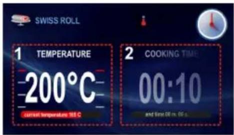 SWISS ROLL 1 TEMPERATURE -200°C current temperature 185 C 2 COOKING TIME 00:10 and time 00 m. 00 s.