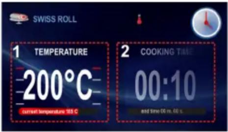 SWISS ROLL 1 TEMPERATURE -200°C current temperatures 165 C 2 COOKING TIME 00:10 and time 00 m. 60 s.