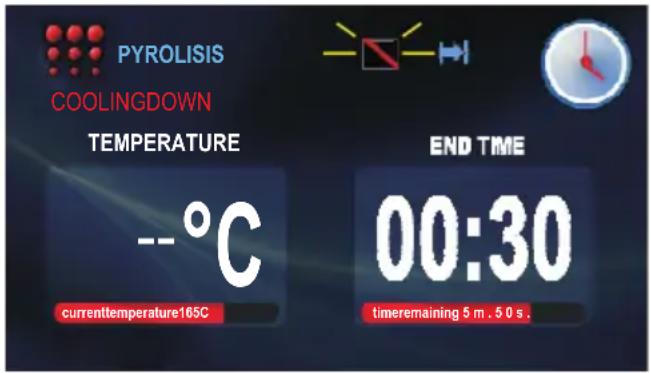 PYROLISIS COOLINGDOWN TEMPERATURE --°C currenttemperature165C END TIME 00:30 timeremaining 5 m . 5 0 s.