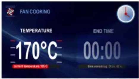 FAN COOKING TEMPERATURE -170°C current temperature 165 °C END TIME 00:00 Time remaining 00 ms, 30 s.