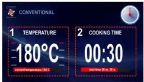 CONVENTIONAL 1 TEMPERATURE -180°C carmest temperature 165 C 2 COOKING TIME 00:30 end time 06 m. 06 s.
