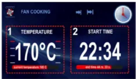 FAN COOKING 1 TEMPERATURE -170°C current temperature 185 C 2 START TIME 22:34 and time 44 ms, 33 s.