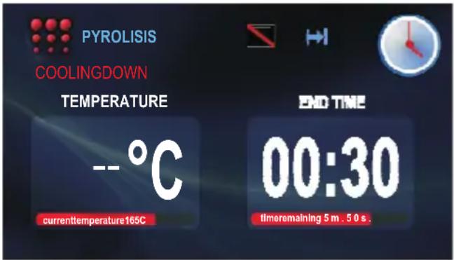 PYROLISIS COOLINGDOWN TEMPERATURE --°C currenttemperature165C END TIME 00:30 lmeremalning 5 m . 5 0 s.
