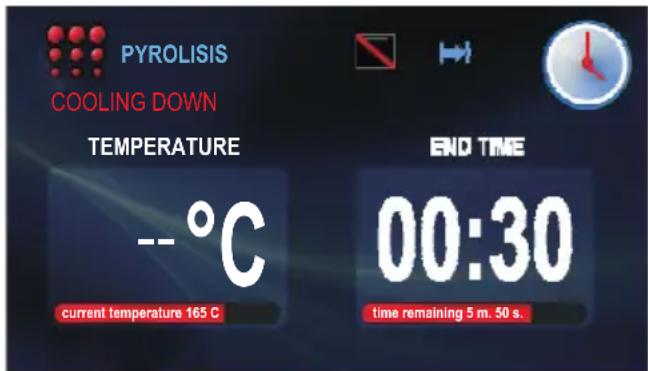 PYROLISIS COOLING DOWN TEMPERATURE --°C current temperature 165 C END TIME 00:30 time remaining 5 m. 50 s.