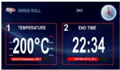 SWISS ROLL 1 TEMPERATURE 200°C current temperatures 100 C 2 END TIME 22:34 and time,44 cm, 33 s