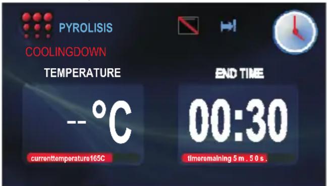 PYROLISIS COOLINGDOWN TEMPERATURE --°C currenttemperature165C END TIME 00:30 timeremalining 5 m . 5 0 s.