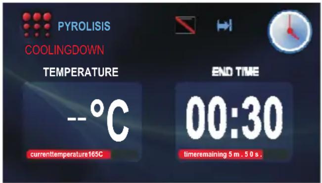 PYROLISIS COOLINGDOWN TEMPERATURE --°C currenttemperature165C END TIME 00:30 timeremaining 5 m . 5 0 s.