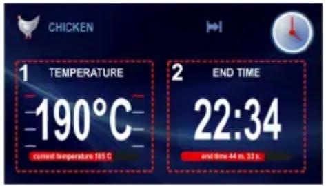 CHICKEN 1 TEMPERATURE -190°C current temperature 185 C 2 END TIME 22:34 and time 44 ms, 33 s.