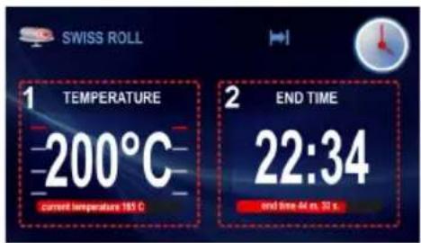 SWISS ROLL 1 TEMPERATURE 200°C current temperature 185 C 2 END TIME 22:34 and time at 6 s, 30 s.