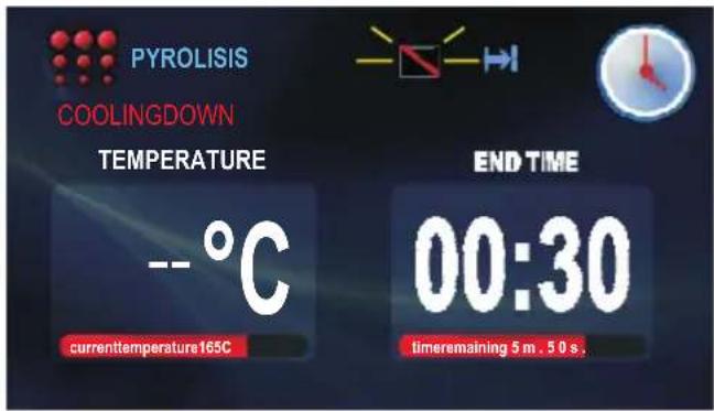 PYROLISIS COOLINGDOWN TEMPERATURE --°C currenttemperature165C END TIME 00:30 timeremaining 5 m . 5 0 s.
