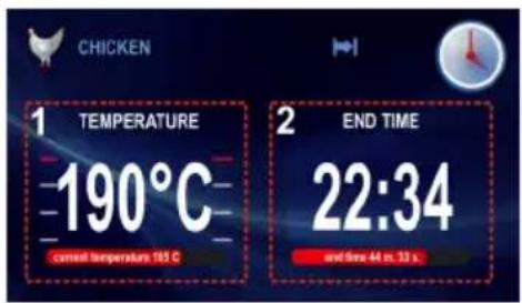 CHICKEN 1 TEMPERATURE 190°C current temperature 185 C 2 END TIME 22:34 and time 44 m, 32 s