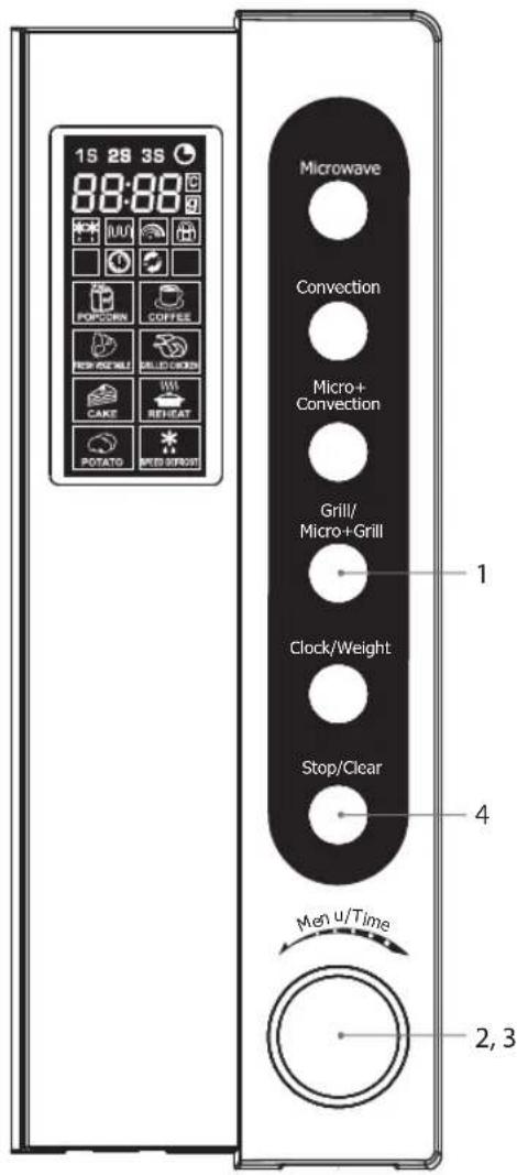 15 28 3S 88:88 Microwave Convection Micro+ Convection Grill/ Micro+Grill Clock/Weight Stop/Clear Men u/Time 2, 3