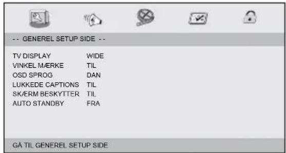 -- GENEREL SETUP SIDE -- TV DISPLAY WIDE VINKEL MÆRKE TIL OSD SPROG DAN LUKKEDE CAPTIONS TIL SK/ERM BESKYITTER TIL AUTO STANDBY FRA GA TIL GENEREL SETUP SIDE