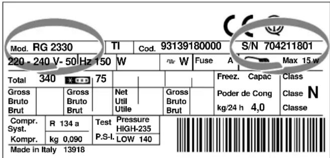 Mod. RG 2330 TI Cod. 93139180000 S/N 704211801 220 - 240 V- 50Hz 150 W rnr W Fuse A Max 15 w Total 340 X 75 Gross Bruto Brut Gross Bruto Brut Net Util Utile Gross Bruto Brut Freez. Capac Poder de Cong kg/24 h 4,0 Class N Classe Compr. R 134 a Test Pressure HIGH-235 Syst. Kompr. kg 0,090 P.S-I. LOW 140 Made in Italy 13918