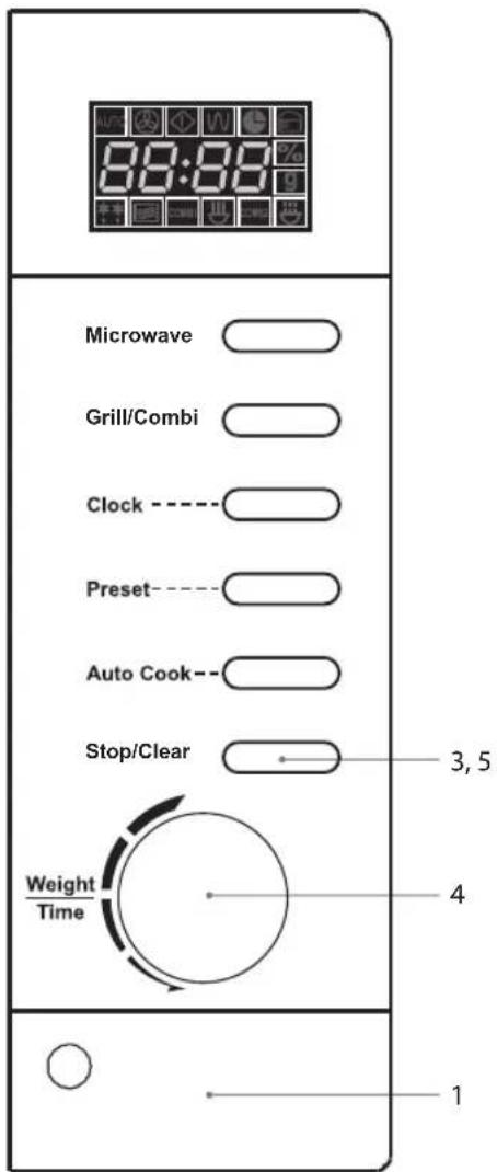 8:3:8:1 Microwave Grill/Combi Clock ---- Preset ---- Auto Cook -- Stop/Clear 3,5 Weight Time 4 1