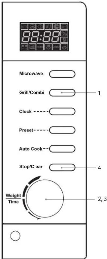 88:88 00:00 Microwave Grill/Combi Clock Preset Auto Cook Stop/Clear Weight Time 1 4 2, 3