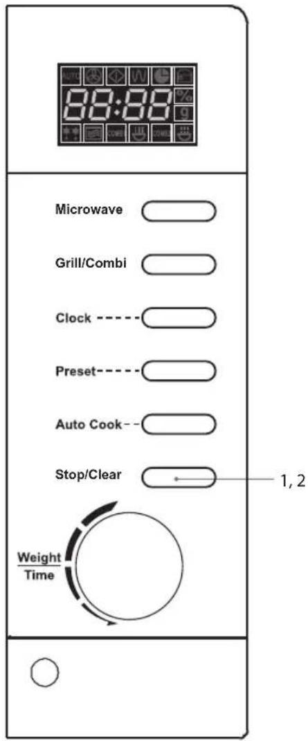 00:00 Microwave Grill/Combi Clock ---- Preset ---- Auto Cook -- Stop/Clear 1, 2 Weight Time