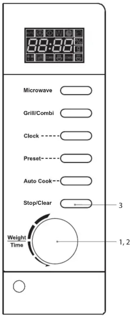 00:00 Microwave Grill/Combi Clock ---- Preset ---- Auto Cook -- Stop/Clear 3 Weight Time 1,2