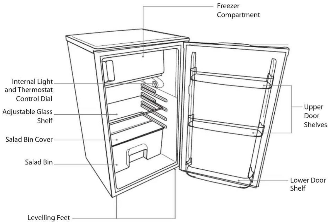 Freezer Compartment Internal Light and Thermostat Control Dial Adjustable Glass Shelf Salad Bin Cover Salad Bin Levelling Feet Upper Door Shelves Lower Door Shelf