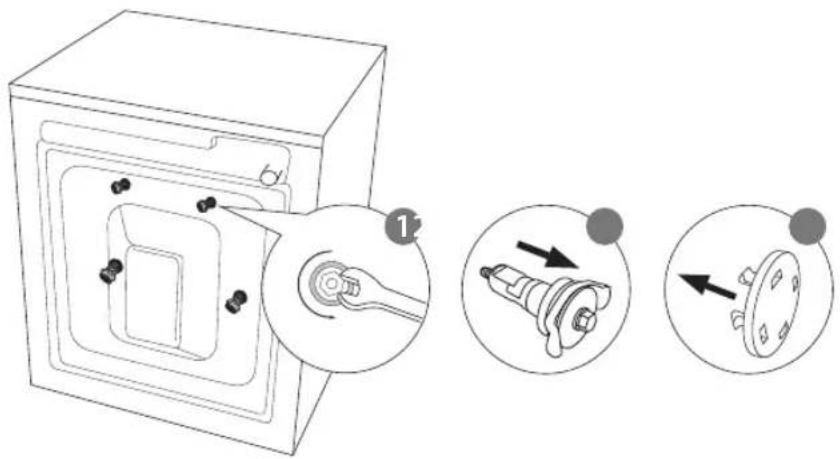 Technical diagram showing a washing machine with three labeled parts: a close-up view of the internal component, a close-up of the mechanical switch, and a close-up of the flange.