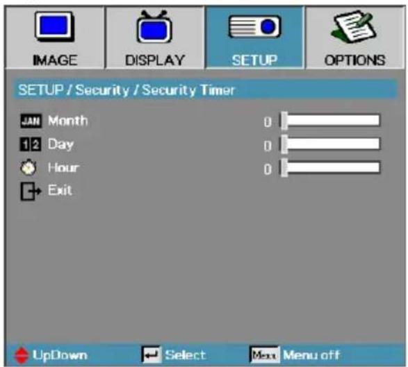 IMAGE DISPLAY SETUP OPTIONS SETUP / Security / Security Timer JAN Month 12 Day Hour Exit 0 0 0 UpDown Select Menu off