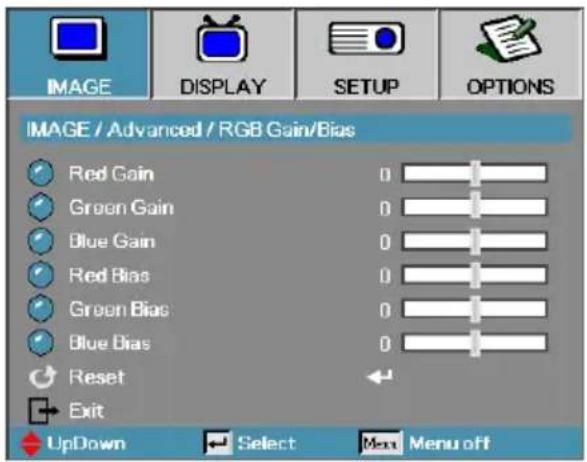 IMAGE / Advanced / RGB Gain/Bias Red Gain Green Gain Blue Gain Red Bias Green Bias Blue Bias Reset Exit UpDown Select Menu off